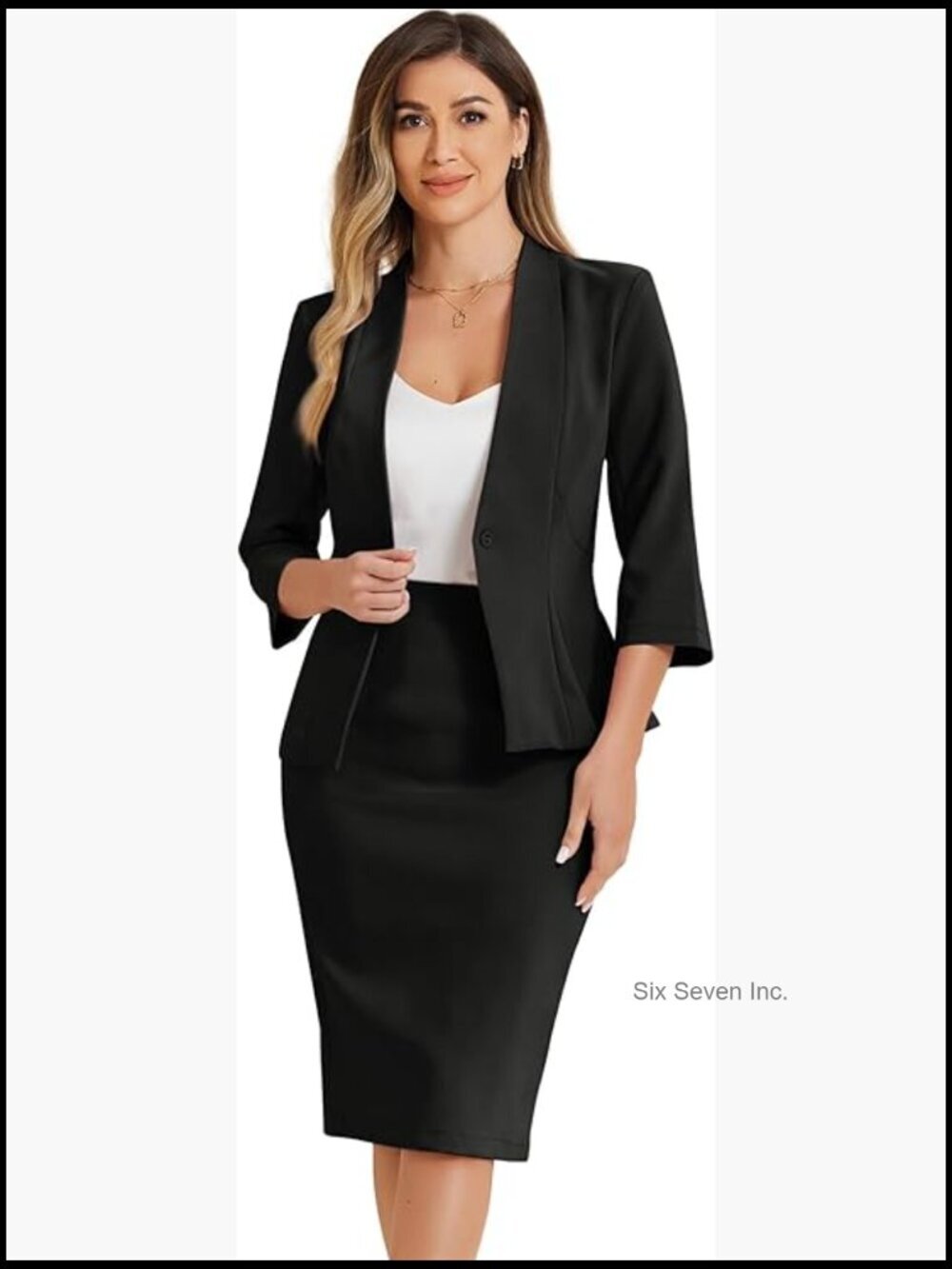 2 Piece Business Suit Set: Collarless Blazer & Pencil Skirt for Office Work